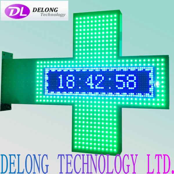 led cross pharmacy with double sides 80X80cm flashing green led and 16X64pixel remote control temperature led sign