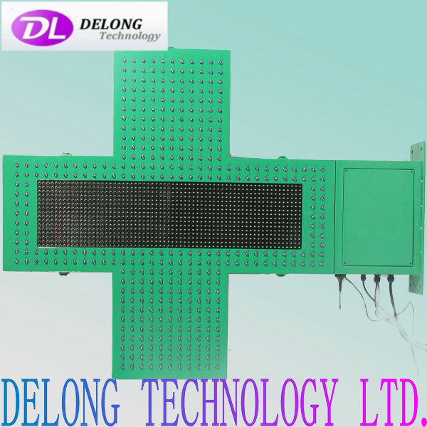 led cross pharmacy with double sides 80X80cm flashing green led and 16X64pixel remote control temperature led sign
